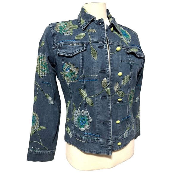 Ann Trinity Embroidered Denim Jacket Sz Small Womens Floral Blue & Green Sequin - Picture 7 of 9